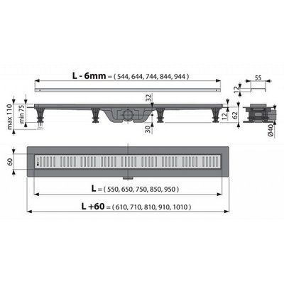 Желоб водоотводящий Alcaplast, APZ10-550М (матовый) с решеткой