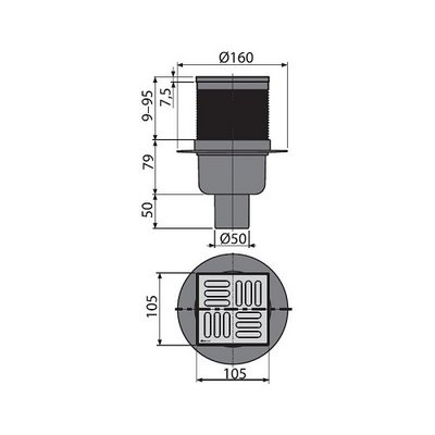 Трап 105x105/50 прямой, нерж. решетка,  гидр-р-комб SMART. Alcaplast
