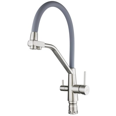 Смеситель д/мойки TRIGOR NZL11-KG-801 + кран для фильтра, картр. d35, НЕРЖАВЕЙКА, изл серый