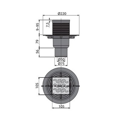 Трап 105x105/50/75 прямой, нерж. решетка, гидр-р-мокрый. Alcaplast