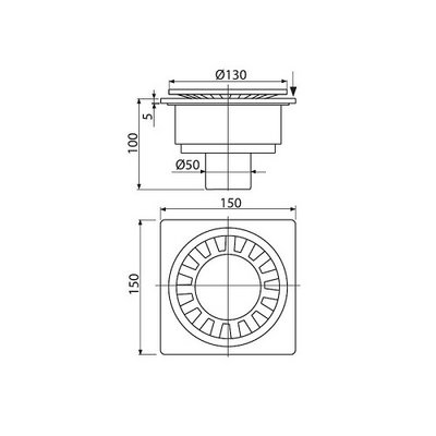 Трап 150x150/50 прямой, пласт. белая решетка, Alcaplast