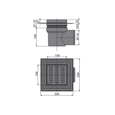 Трап 150x150/110 угловой, пласт. серая решетка, 2-х уровневая изоляция, Alcaplast