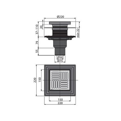 Трап 150x150/50/75 прямой, нерж. решетка, 2-х ур из, наружная установка, сухой затвор Alcaplast