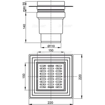 Трап 150x150/110 прямой, нерж. решетка, 2-х уровневая изоляция, Alcaplast