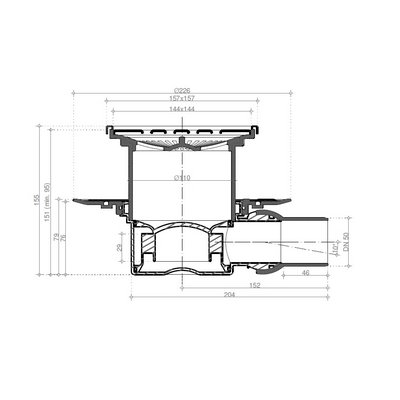 Трап 150x150/50 угловой, Confluo Standard, 2в1, гидр-р-мокрый. Pestan