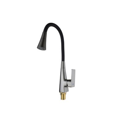 Смеситель д/мойки TRIGOR KXC4-LD-FD-358, картр. d35,гайка,  корпус сатин, гибкий черный излив